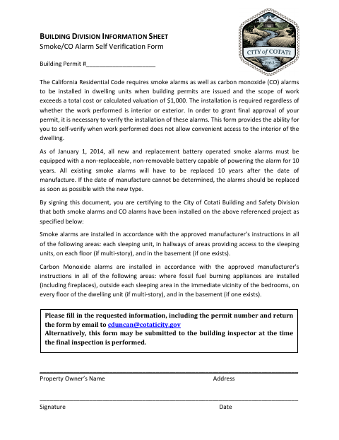 First page of the Smoke and CO Alarm Self Certification