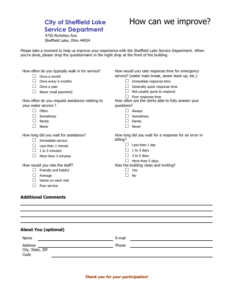 First page of the Service Department Feedback Questionnaire