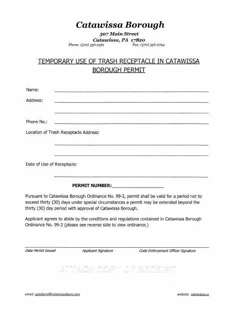 First page of the Temporary Use of Trash Receptacle Permit