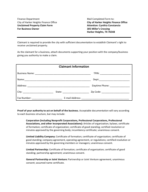 First page of the Unclaimed Property Claim Form for Business Owner