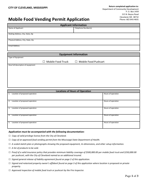 First page of the Mobile Food Vending Permit Application