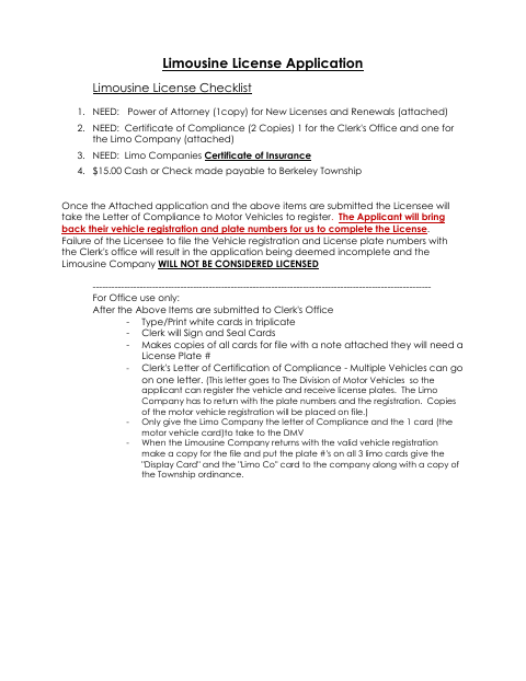 First page of the Limousine License Application