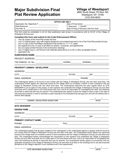 First page of the Major Subdivision Final Plat Review Application