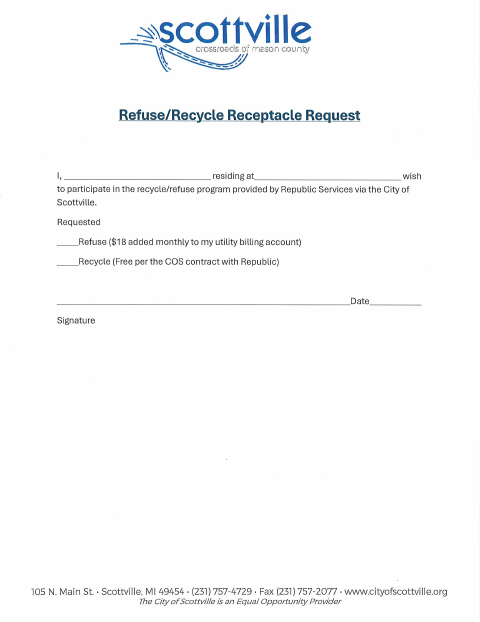 First page of the Refuse or Recycling Receptacle Request