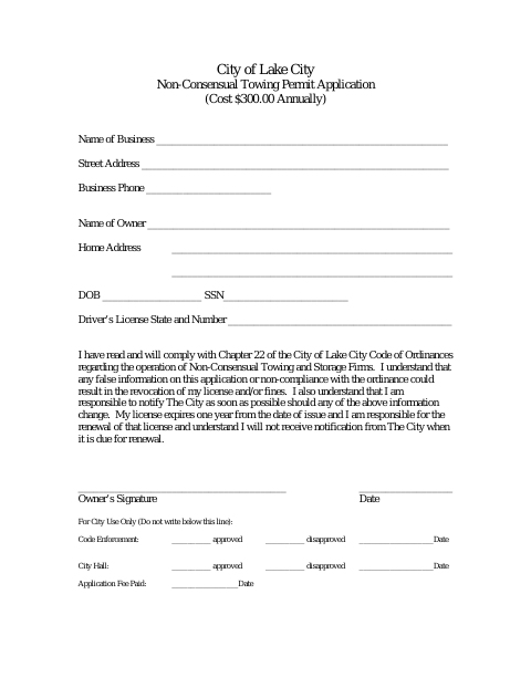 First page of the Non-Consensual Towing Permit Application