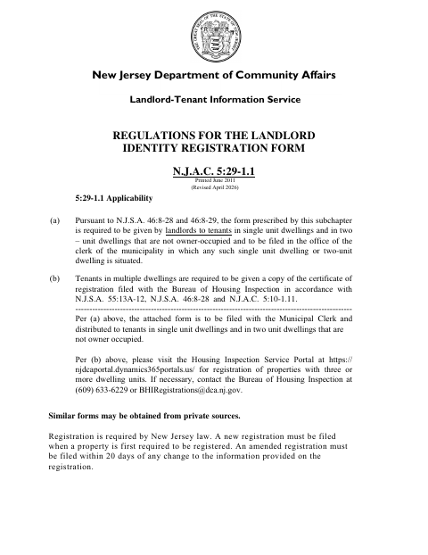 First page of the Landlord Identity Registration Form