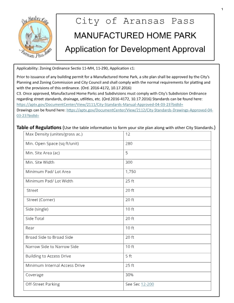 First page of the Manufactured Home Park Application