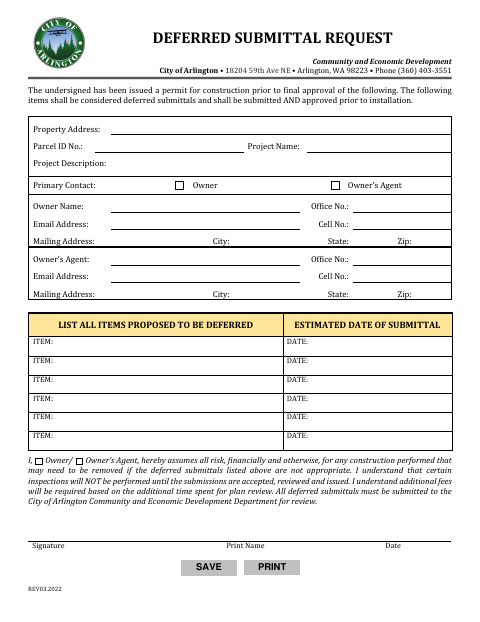 First page of the Deferred Submittal Request