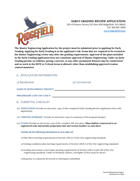 First page of the Early Grading Review Application