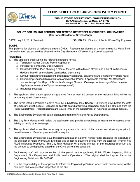 First page of the Temporary Street Closure/Block Party Permit