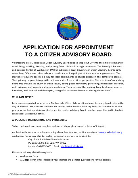 First page of the Application for Appointment to a Citizen Advisory Board