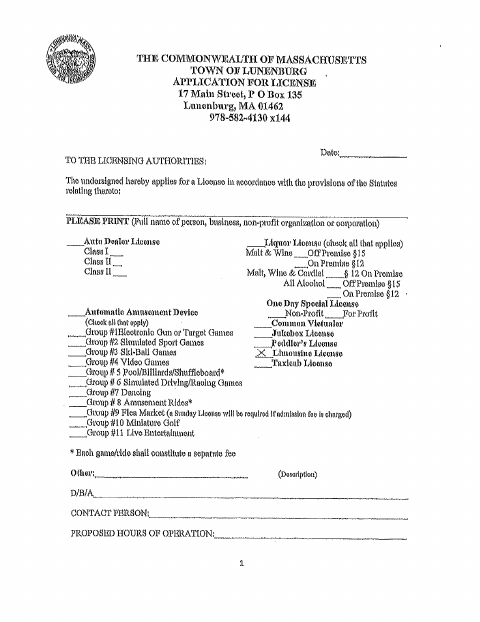 First page of the Limousine License Application