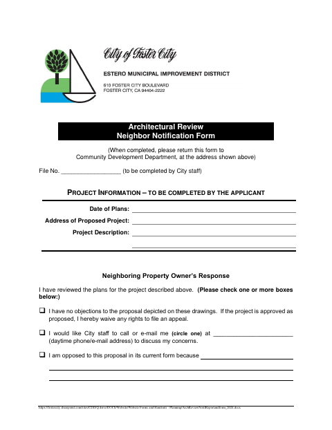 First page of the Architectural Review Neighbor Notification Form