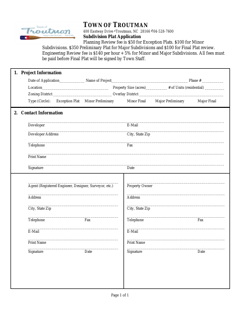 First page of the Subdivision Plat Application