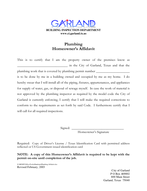 First page of the Plumbing Homeowner’s Affidavit