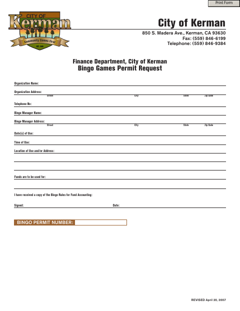First page of the Bingo Games Permit Request