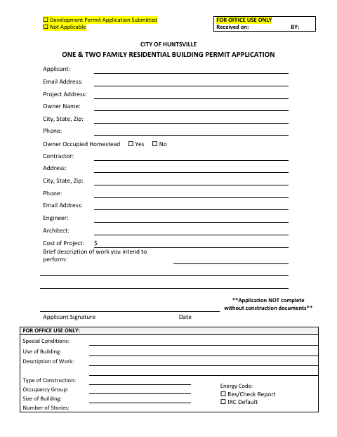 First page of the One & Two Family Residential Building Permit Application