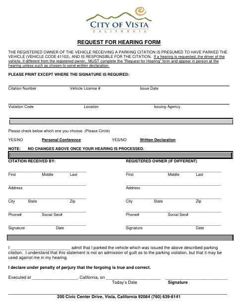 First page of the Request for Hearing Form