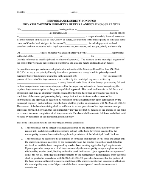 First page of the Performance Surety Bond for Privately-Owned Perimeter Buffer Landscaping Guarantee