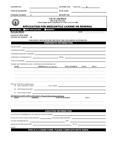 First page of the Application for Mercantile License or Renewal