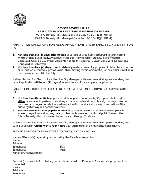 First page of the Parade/Demonstration Permit Application