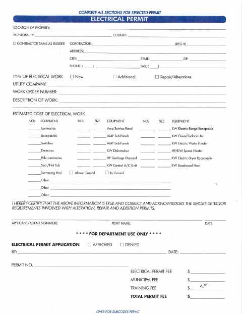 First page of the Electrical Permit Application