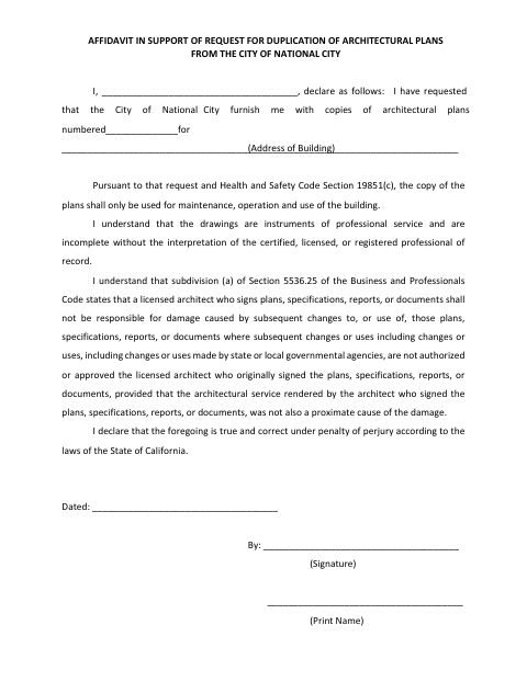 First page of the Affidavit in Support of Request for Duplication of Architectural Plans