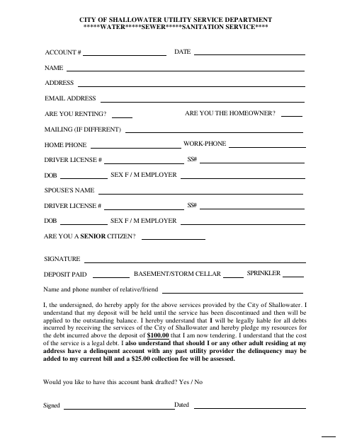 First page of the Water Sewer Sanitation Service Application