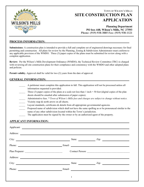 First page of the Site Construction Plan Application