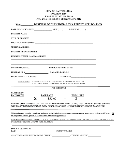 First page of the Business Occupational Tax Permit Application