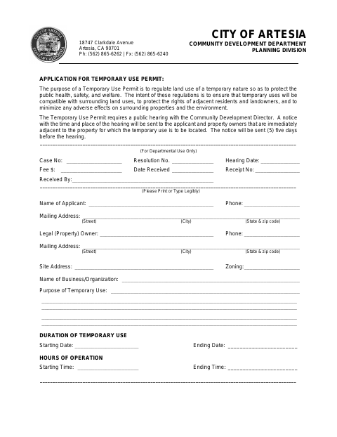 First page of the Application for Temporary Use Permit