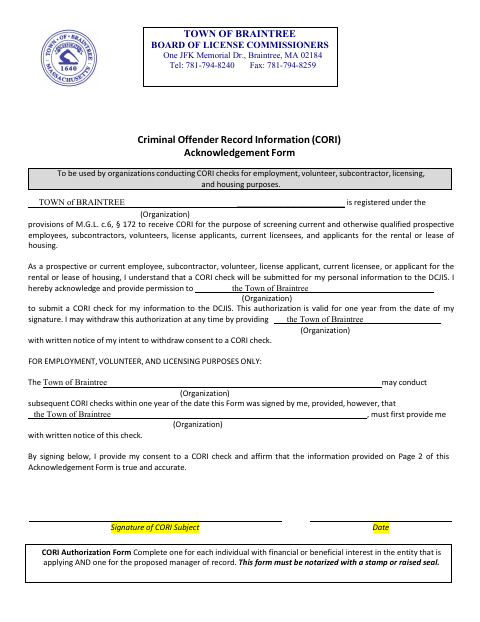 First page of the CORI Authorization Form