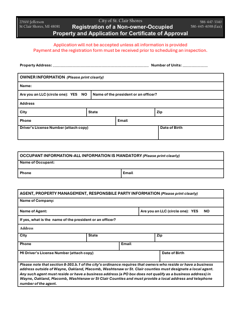 First page of the Rental Registration Application