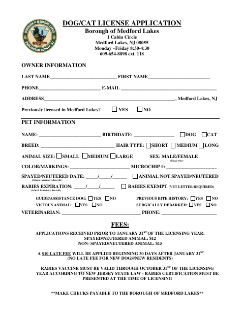 First page of the Dog/Cat License Application