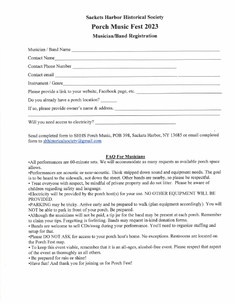 First page of the Porch Music Fest Musician/Band Registration