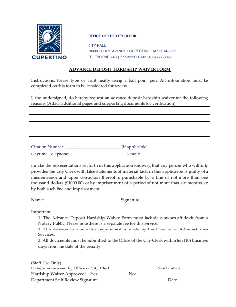 First page of the Advance Deposit Hardship Waiver Form
