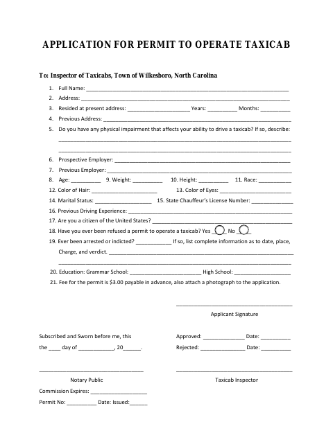 First page of the Application for Permit to Operate Taxicab