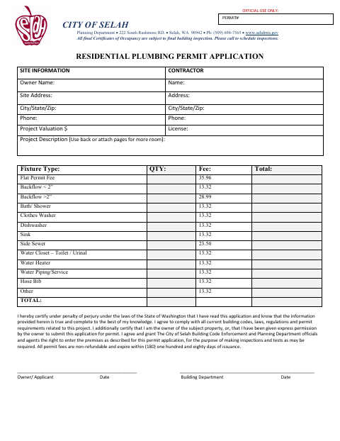 First page of the Residential Plumbing Permit Application