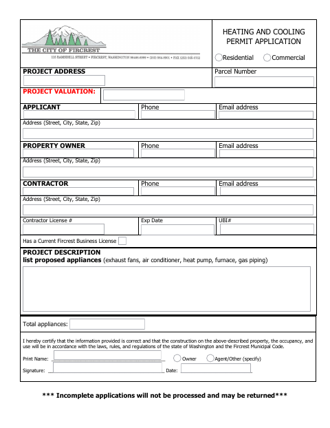 First page of the Heating and Cooling Permit Application