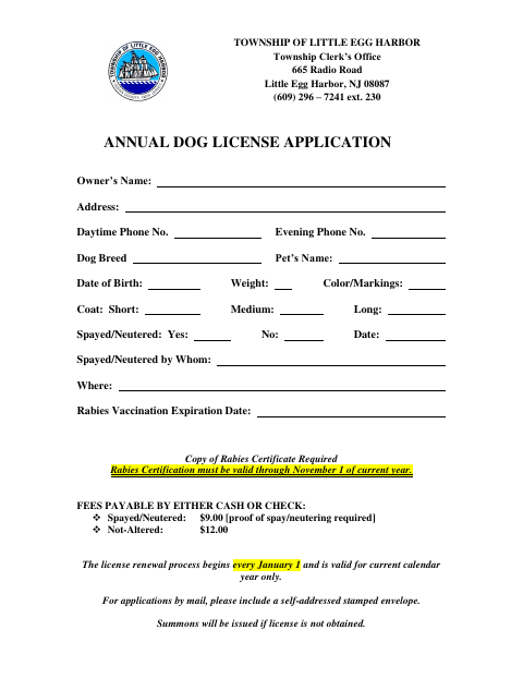 First page of the Annual Dog License Application