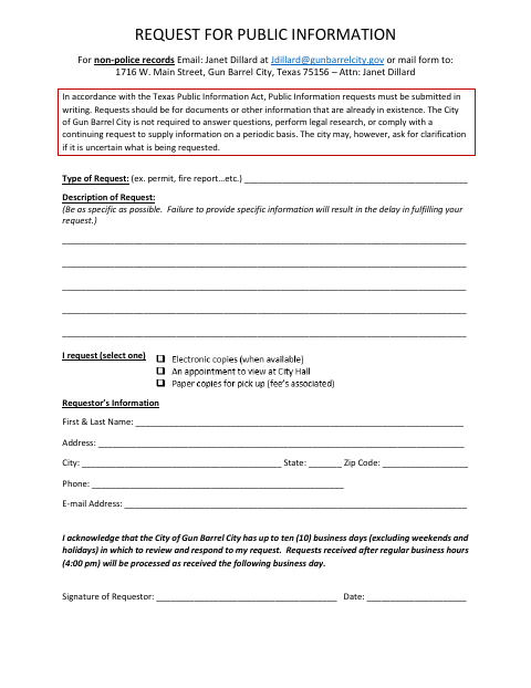First page of the Request for Public Information