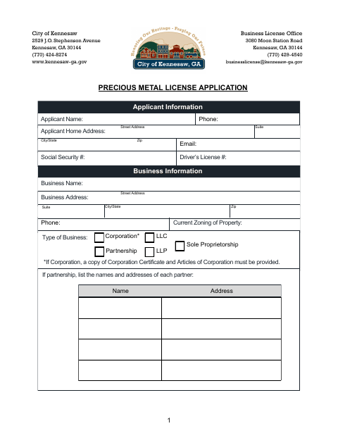 First page of the Precious Metal License Application