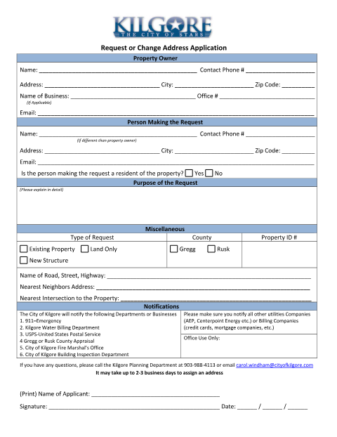 First page of the Request or Change Address Application (911 Addressing)