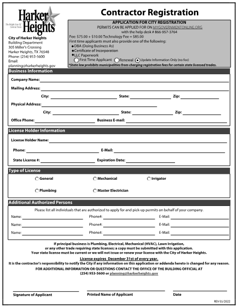 First page of the Application for Contractor Registration