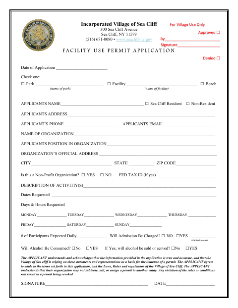 First page of the Facility Use Permit Application