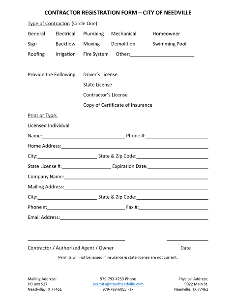 First page of the Contractor Registration Form