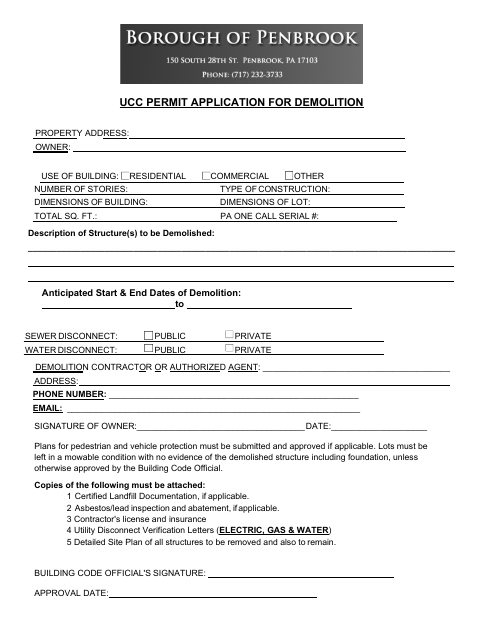First page of the UCC Permit Application for Demolition