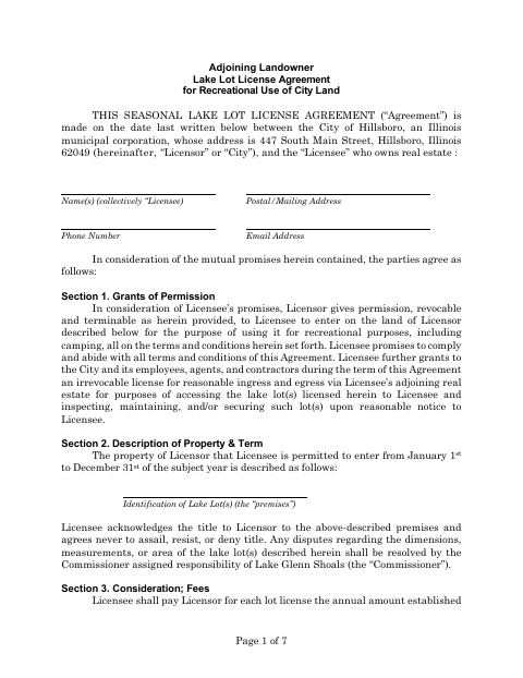 First page of the Adjoining Landowner Lake Lot License Agreement for Recreational Use of City Land