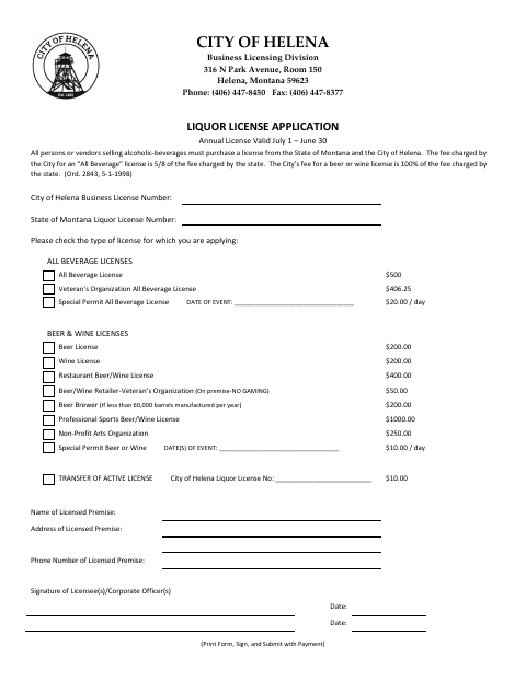 First page of the Liquor License Application