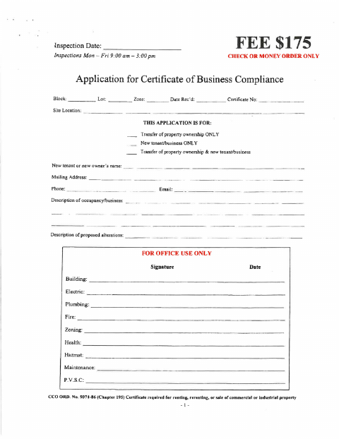 First page of the Certificate of Business Compliance Application